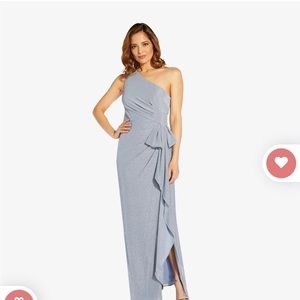 Adrianna Papell Metallic Knit One-Shoulder Long
Column Gown In
Dusty Blue -